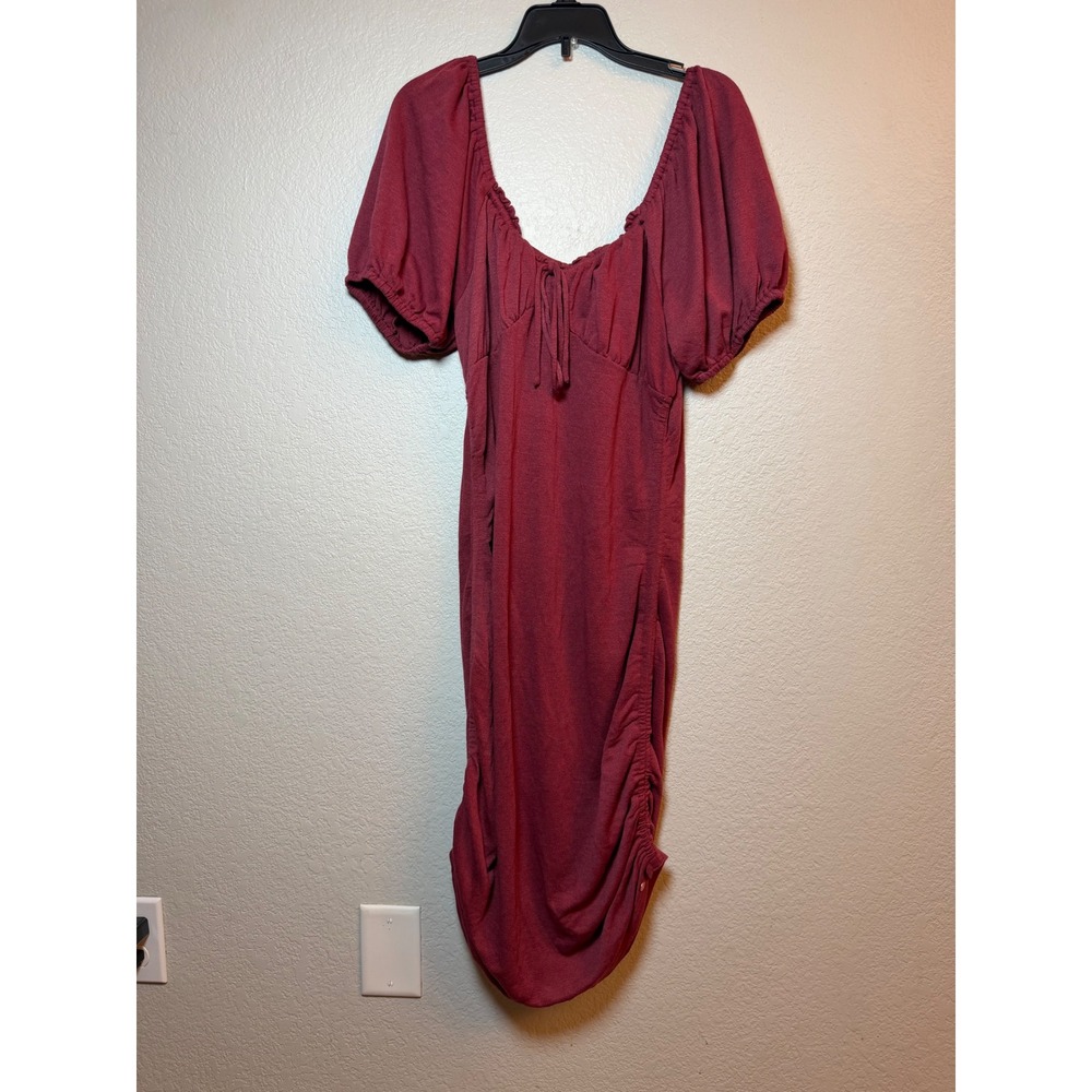 Volcom Burgundy Ruched Bodycon Mini Dress Puff Sleeve Wine Red Large